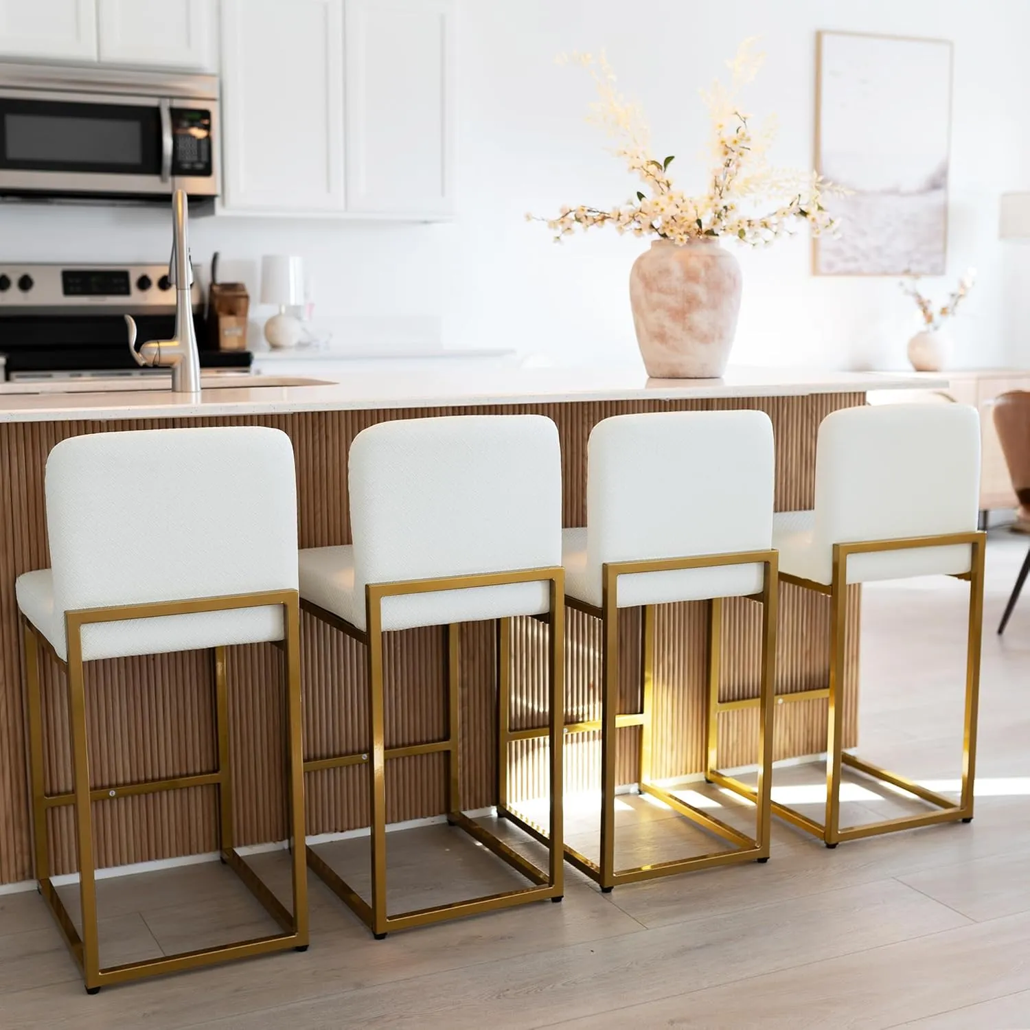 MAISON ARTS Off White & Gold Bar Stools Set of 4, Counter Height 24 Inch Barstools with Back, Modern Faux Leather Upholstered Bar Chairs for Kitchen Island & Home Bar, Metal Frame, Supports 330 lbs