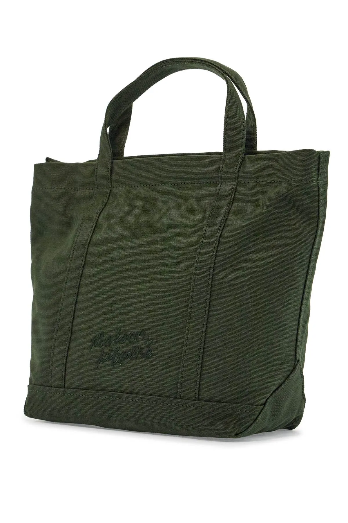 Maison Kitsune Small Tote Bag In Ranger Green Cotton With Embroidered Fox Logo