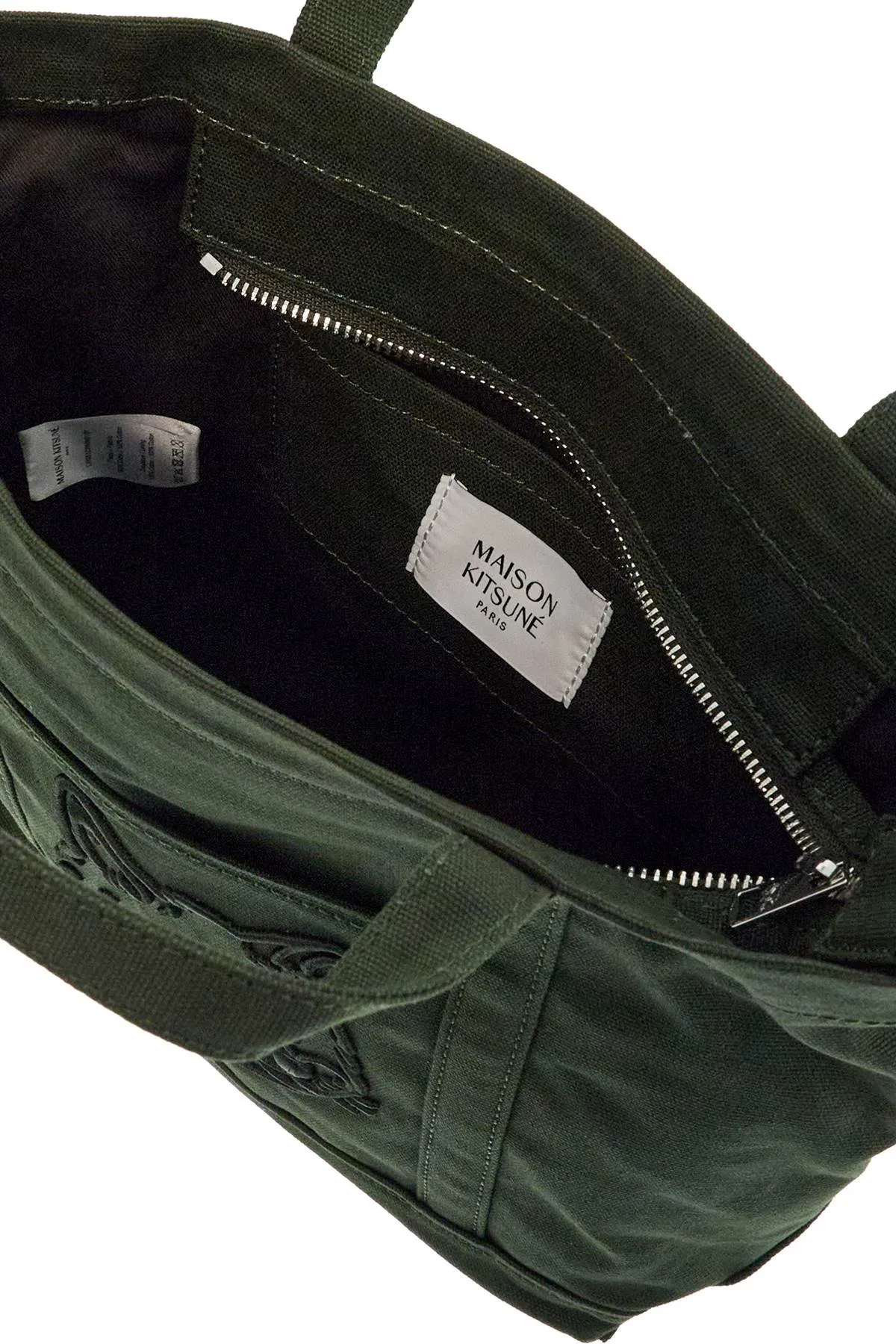 Maison Kitsune Small Tote Bag In Ranger Green Cotton With Embroidered Fox Logo