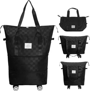 MaxWorks Rolling Duffle Bag Oxford Metrial Detachable Wheels and Adjustable Shoulder Strap, Checkerboard Black, 25L – 55L