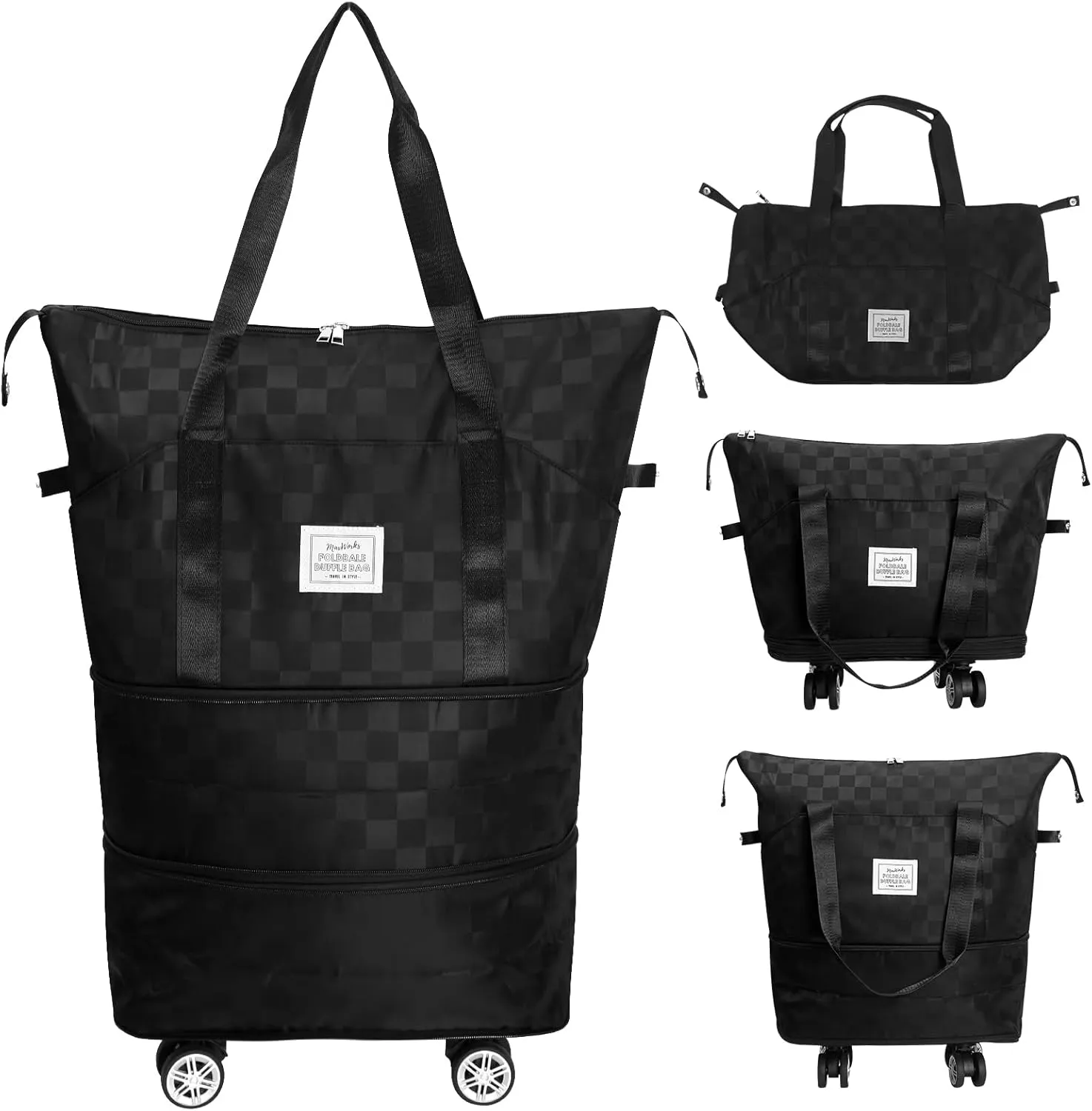 MaxWorks Rolling Duffle Bag Oxford Metrial Detachable Wheels and Adjustable Shoulder Strap, Checkerboard Black, 25L – 55L