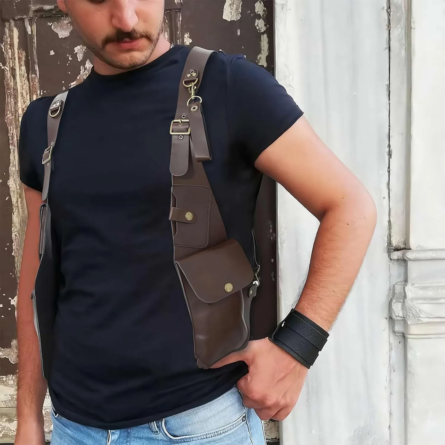 Men Anti Underarm Shoulder Bag, Anti-Theft Harness, Adjustable PU Leather Strap Wallet Bag Outdoor Phone Bag