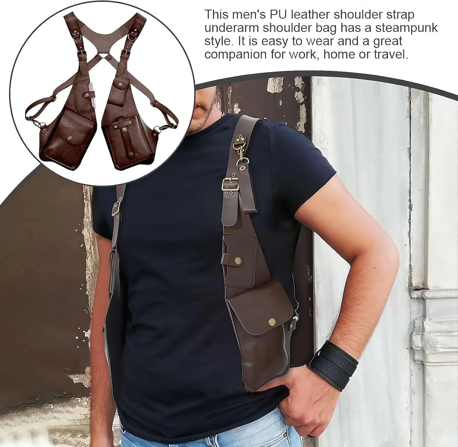 Men Anti Underarm Shoulder Bag, Anti-Theft Harness, Adjustable PU Leather Strap Wallet Bag Outdoor Phone Bag