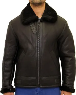 Men Sheepskin Aviator Flying B-3 Bomber Jacket Black Brown, Cream Sheepskin