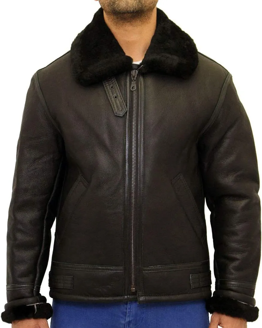 Men Sheepskin Aviator Flying B-3 Bomber Jacket Black Brown, Cream Sheepskin