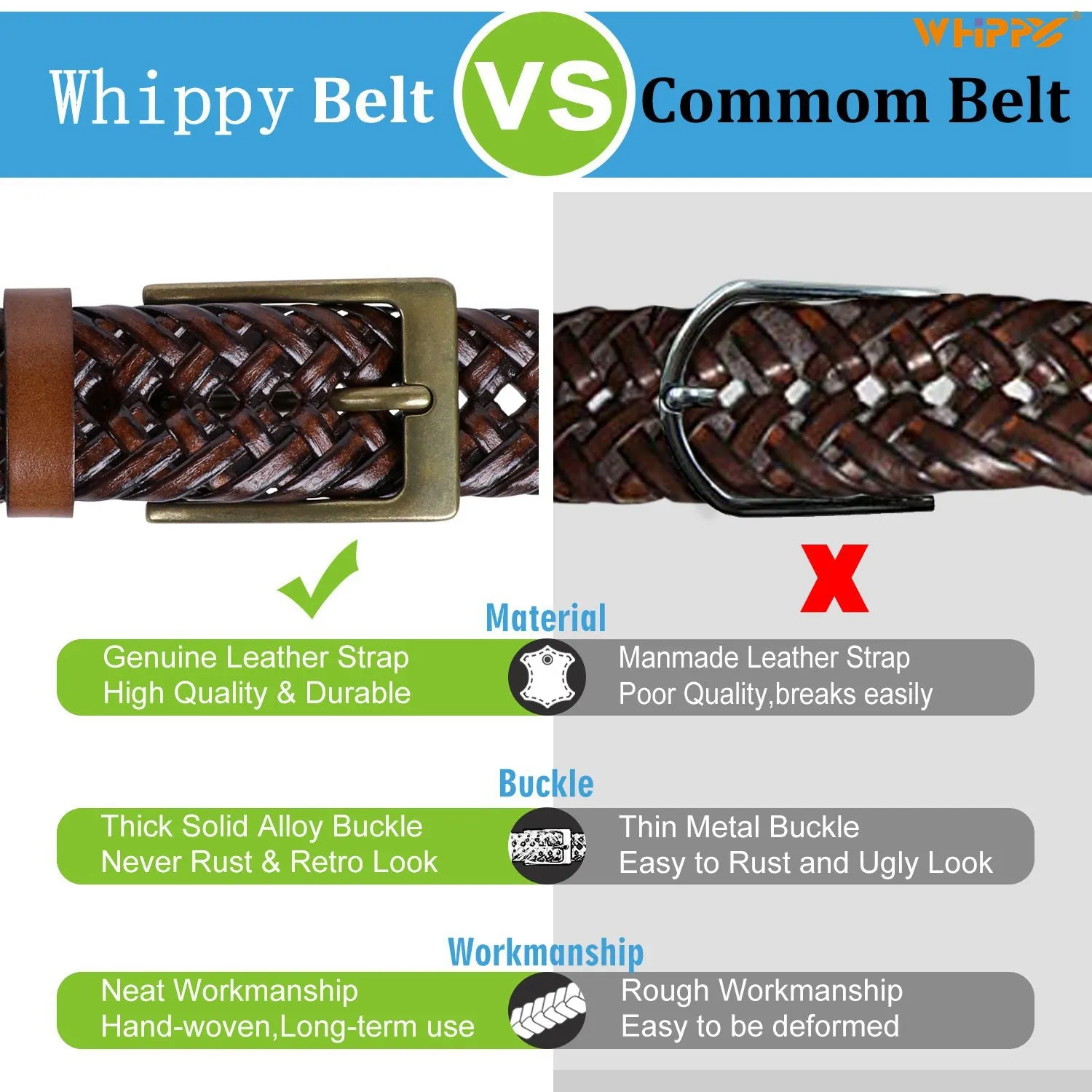 Men's Braided Leather Belt, Woven Casual Belt for Jeans Pants