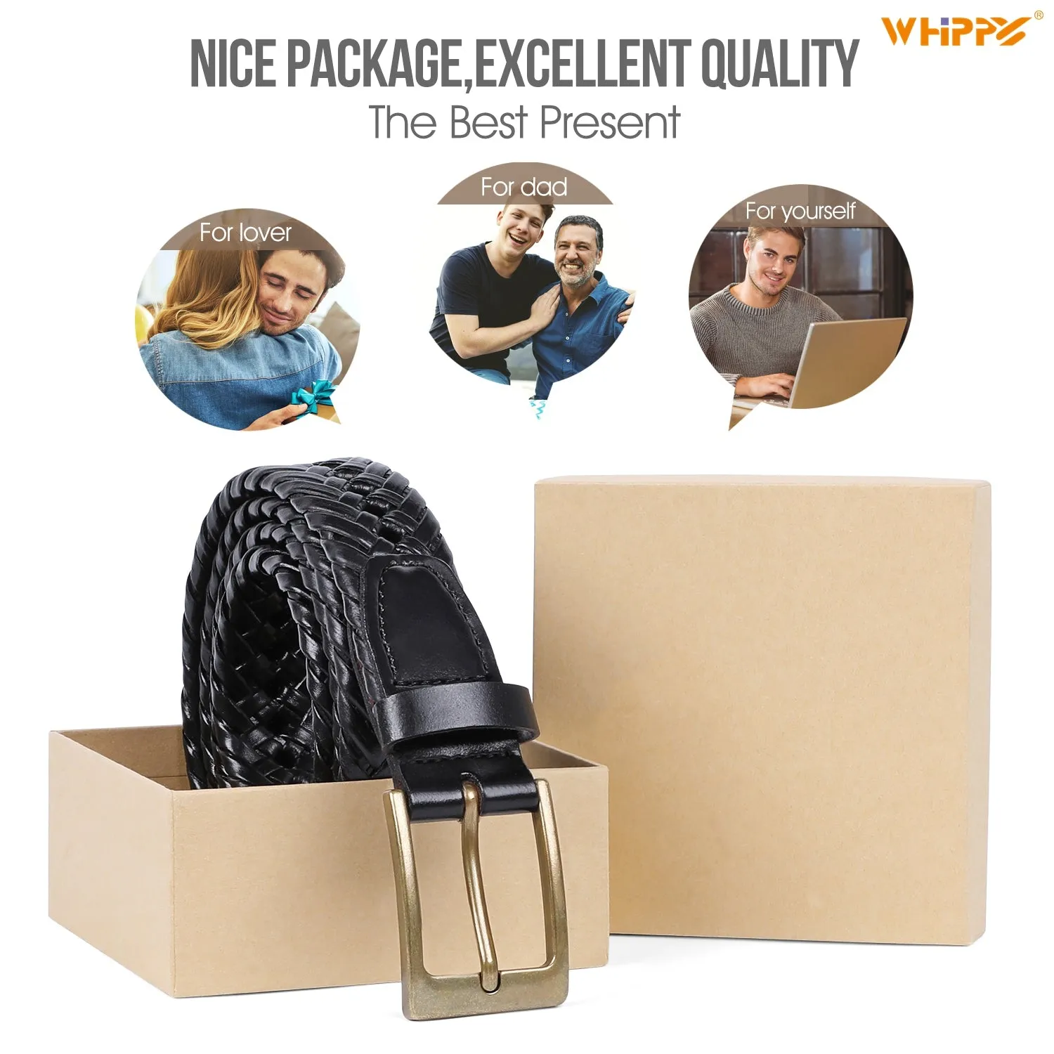 Men's Braided Leather Belt, Woven Casual Belt for Jeans Pants