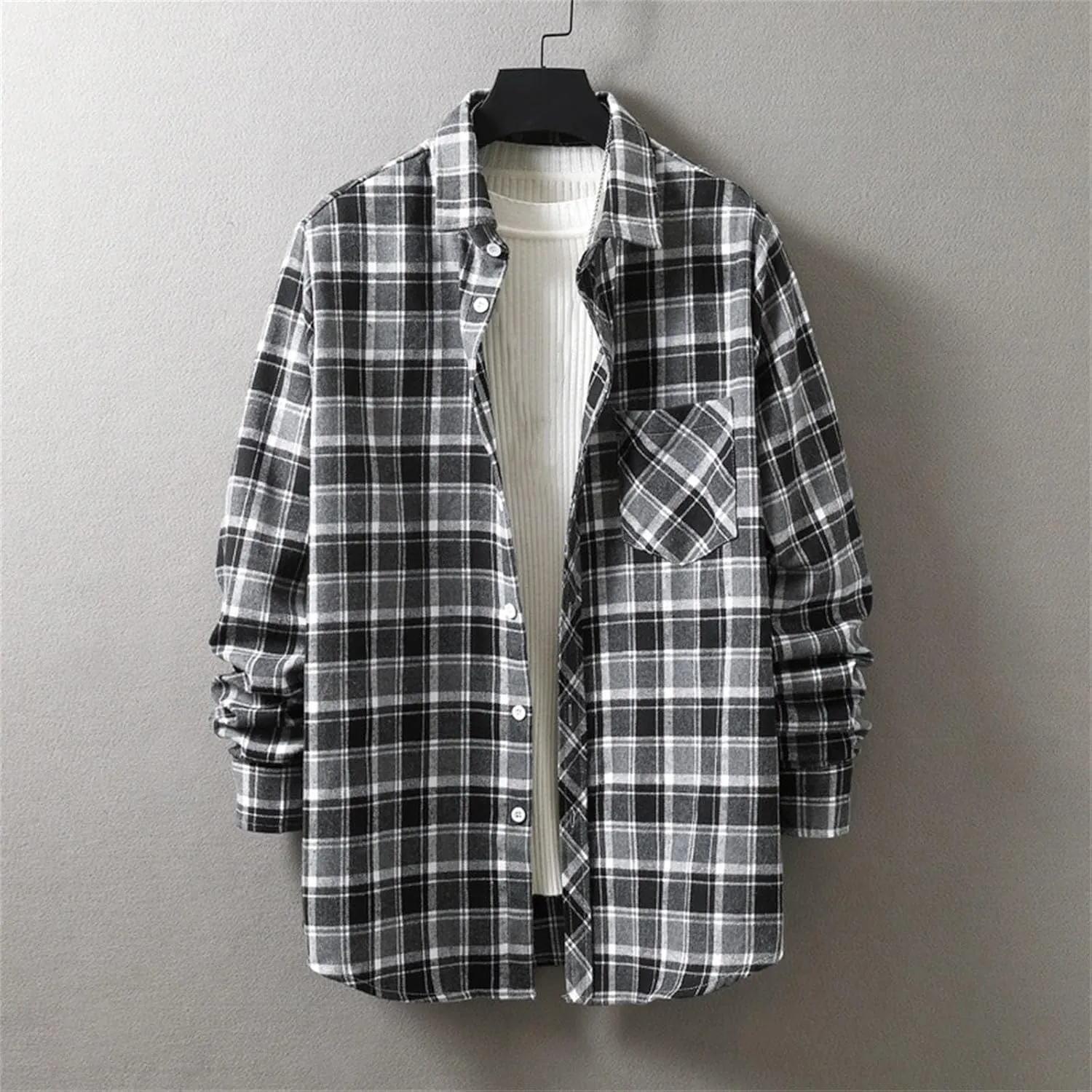 Men's Flannel Jackets Lapel Button Long Sleeve Shirt Tops Men's Cardigan Heavy Warm Fleece Lined Casual Long