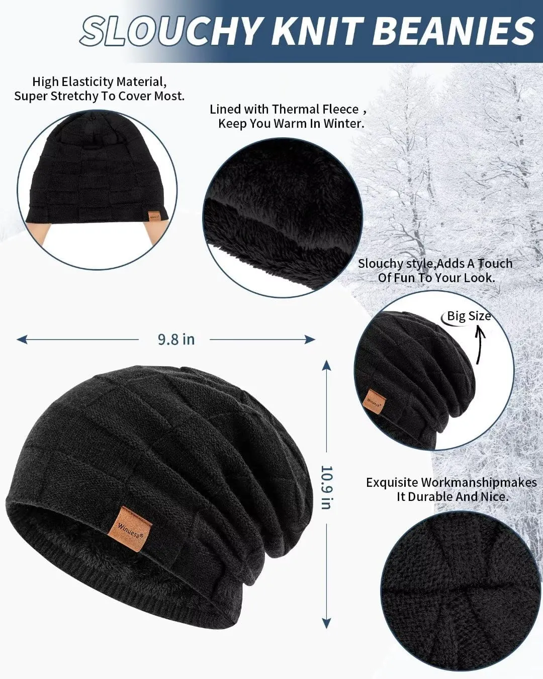 Mens Hat Scarf and Gloves Set Winter, Thermal Fleece Lined Slouchy Beanie Neck Scarves Touchscreen Gloves, 3 in 1 Warm Set