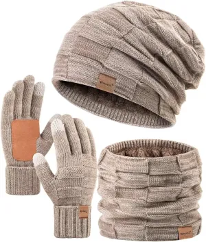Mens Hat Scarf and Gloves Set Winter, Thermal Fleece Lined Slouchy Beanie Neck Scarves Touchscreen Gloves, 3 in 1 Warm Set
