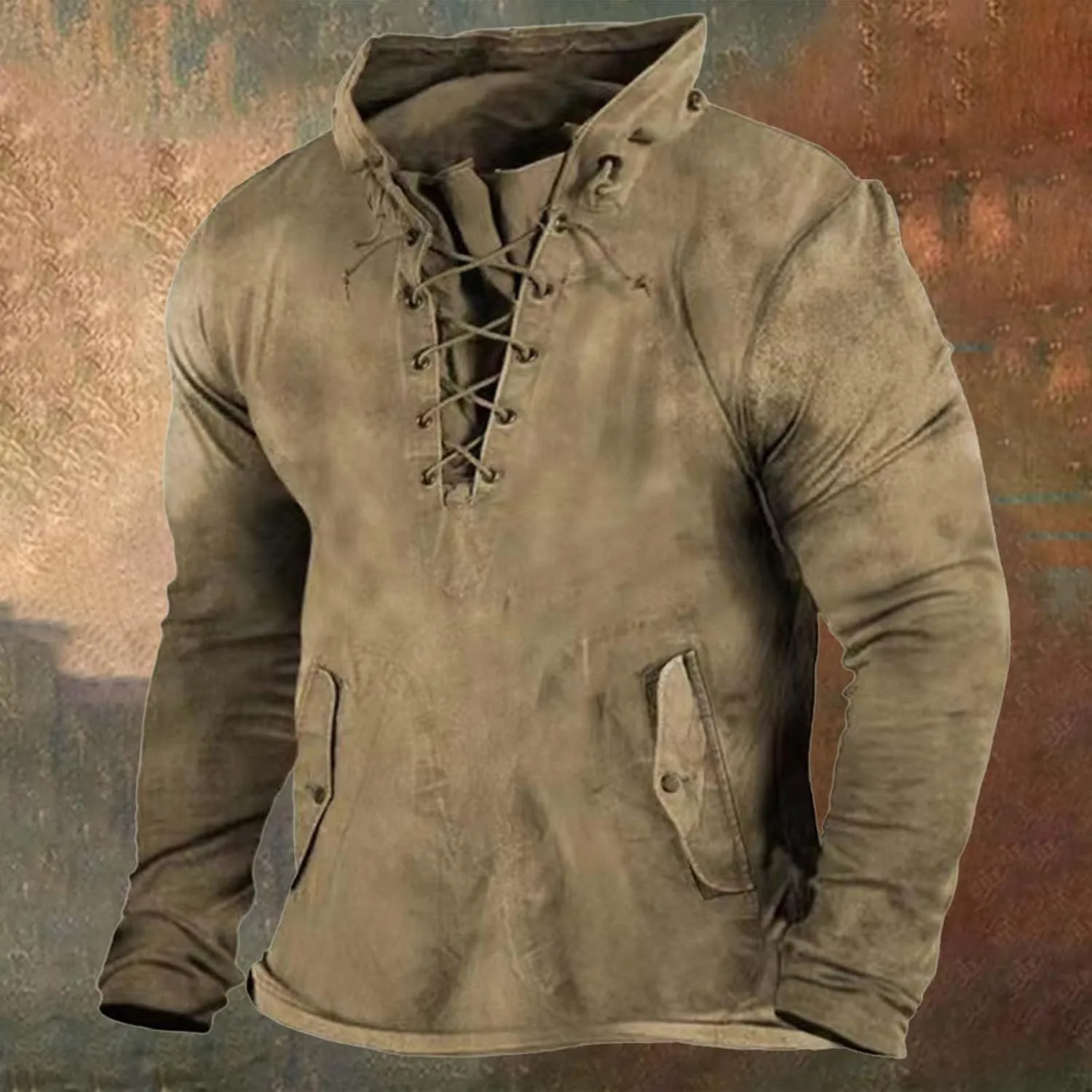 Men's Lace Up Distressed Hoodie Washed Distressed Work Military Tactical Pollover Tops Outdoor Sport Sweatshirt with Pockets