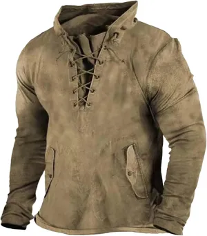 Men's Lace Up Distressed Hoodie Washed Distressed Work Military Tactical Pollover Tops Outdoor Sport Sweatshirt with Pockets