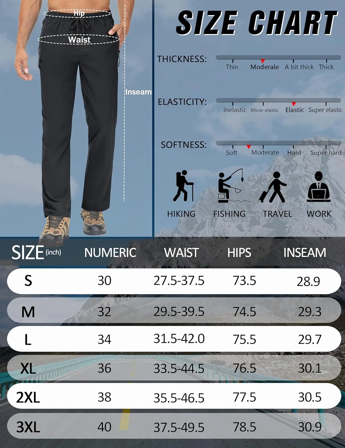 Men's Lightweight Hiking Pants Travel Quick Dry Waterproof Athletic Joggers Pants Walkout Sweatpants with Pockets
