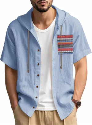 Men's Linen Hooded Short Sleeve Shirts Cardigan Short Sleeve Boho Style T-Shirts Summer Beach Vacation Yoga Tops