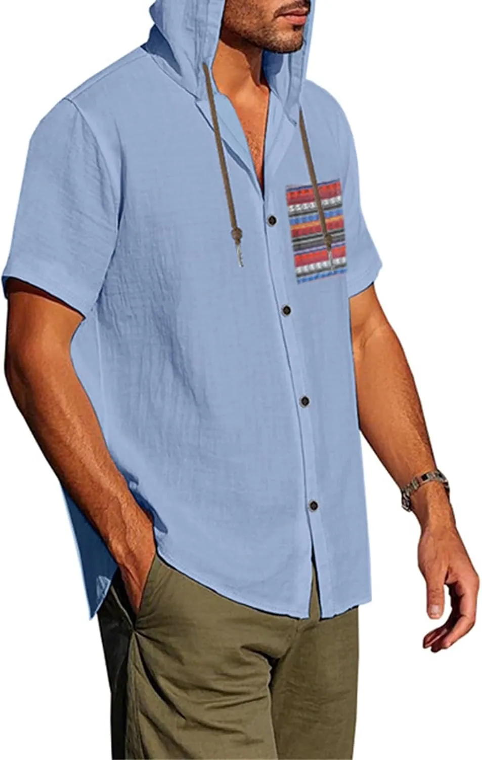 Men's Linen Hooded Short Sleeve Shirts Cardigan Short Sleeve Boho Style T-Shirts Summer Beach Vacation Yoga Tops