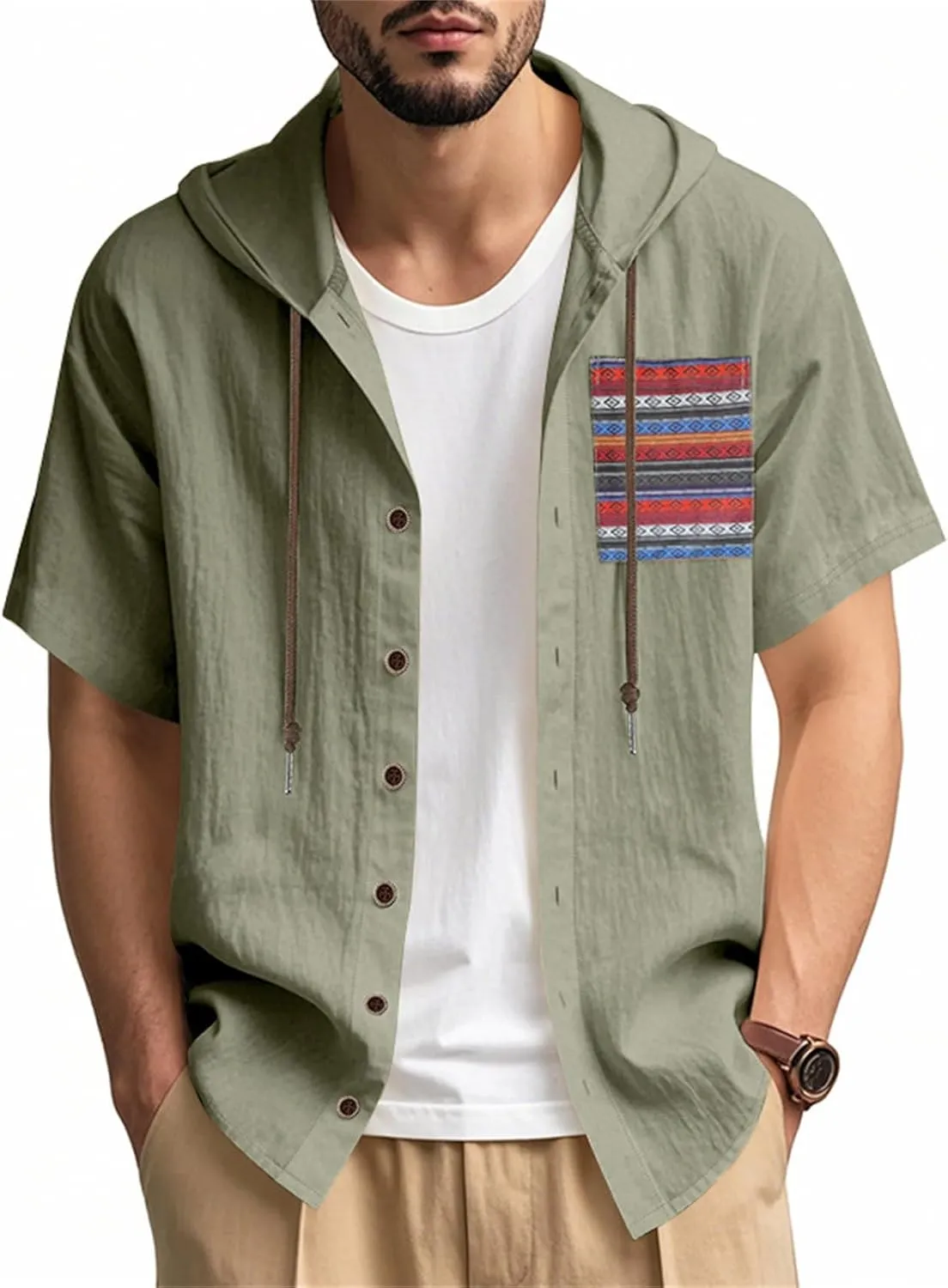 Men's Linen Hooded Short Sleeve Shirts Cardigan Short Sleeve Boho Style T-Shirts Summer Beach Vacation Yoga Tops