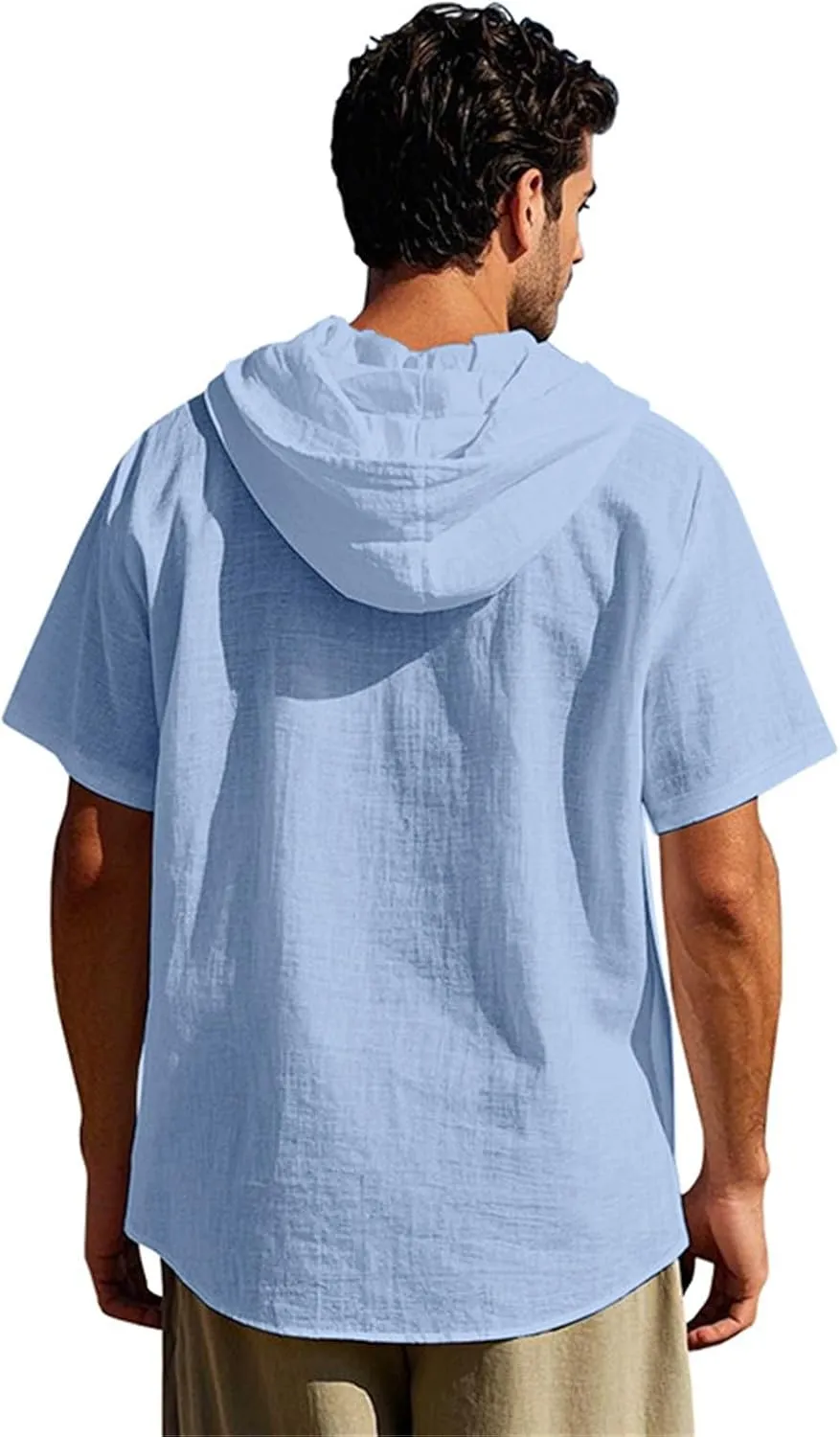 Men's Linen Hooded Short Sleeve Shirts Cardigan Short Sleeve Boho Style T-Shirts Summer Beach Vacation Yoga Tops