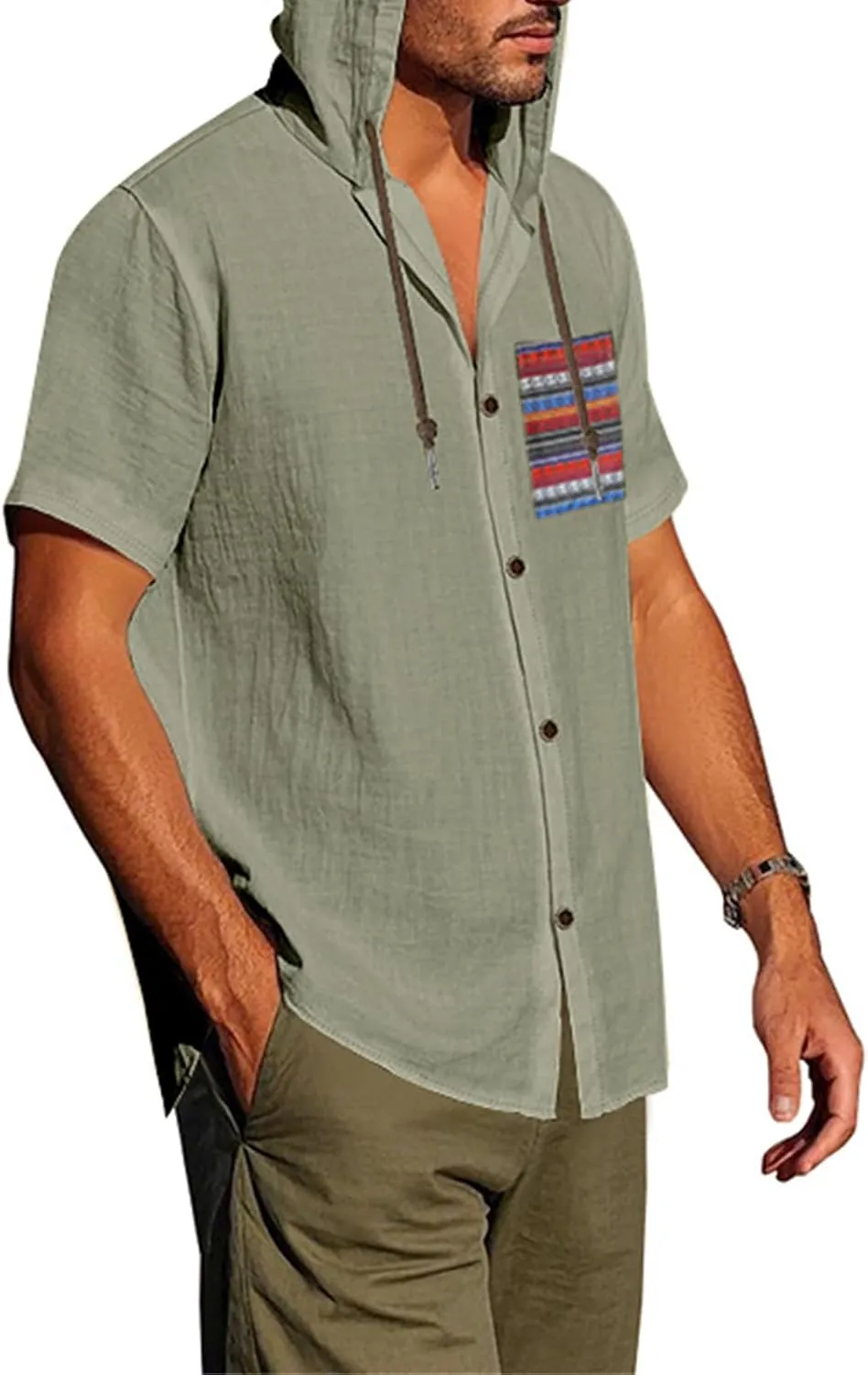 Men's Linen Hooded Short Sleeve Shirts Cardigan Short Sleeve Boho Style T-Shirts Summer Beach Vacation Yoga Tops