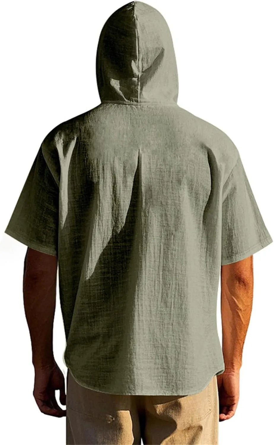 Men's Linen Hooded Short Sleeve Shirts Cardigan Short Sleeve Boho Style T-Shirts Summer Beach Vacation Yoga Tops