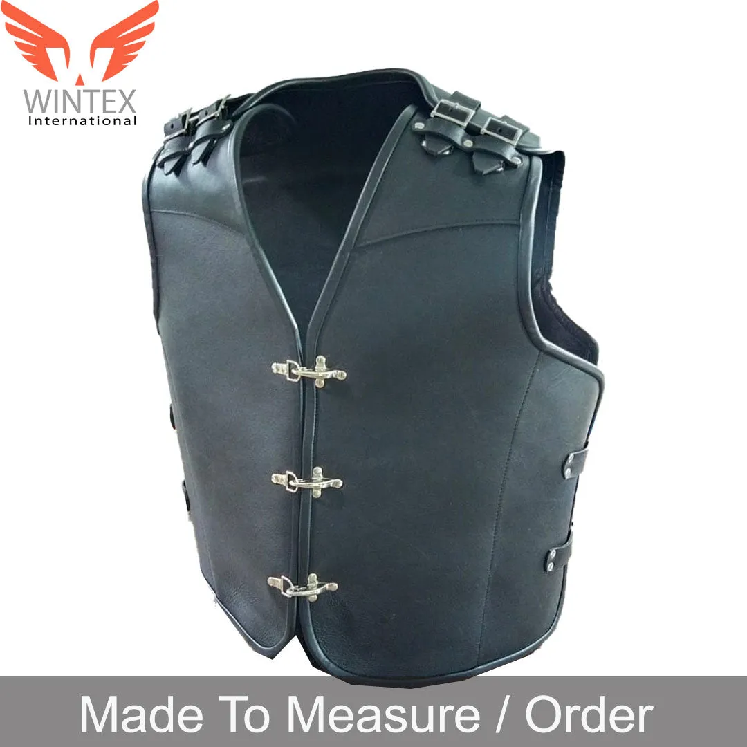 Men’s Real Cowhide Leather Bikers Vest Thick Leather Buckle Closure Bikers Vest with Black Piping