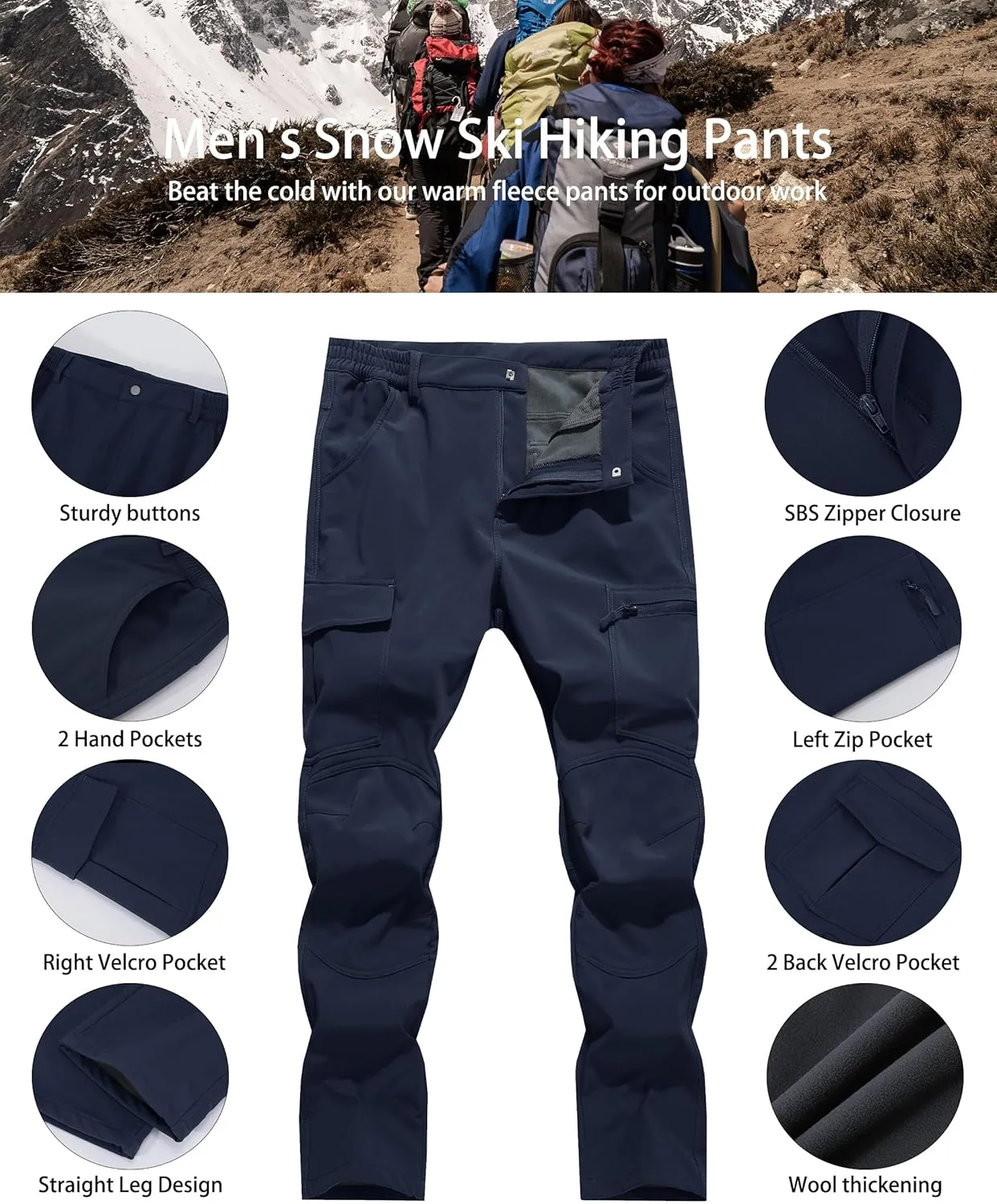 Men's Snow Ski Hiking Pants Winter Fleece Lined Softshell Outdoor Waterproof Insulated Cargo Work Pants