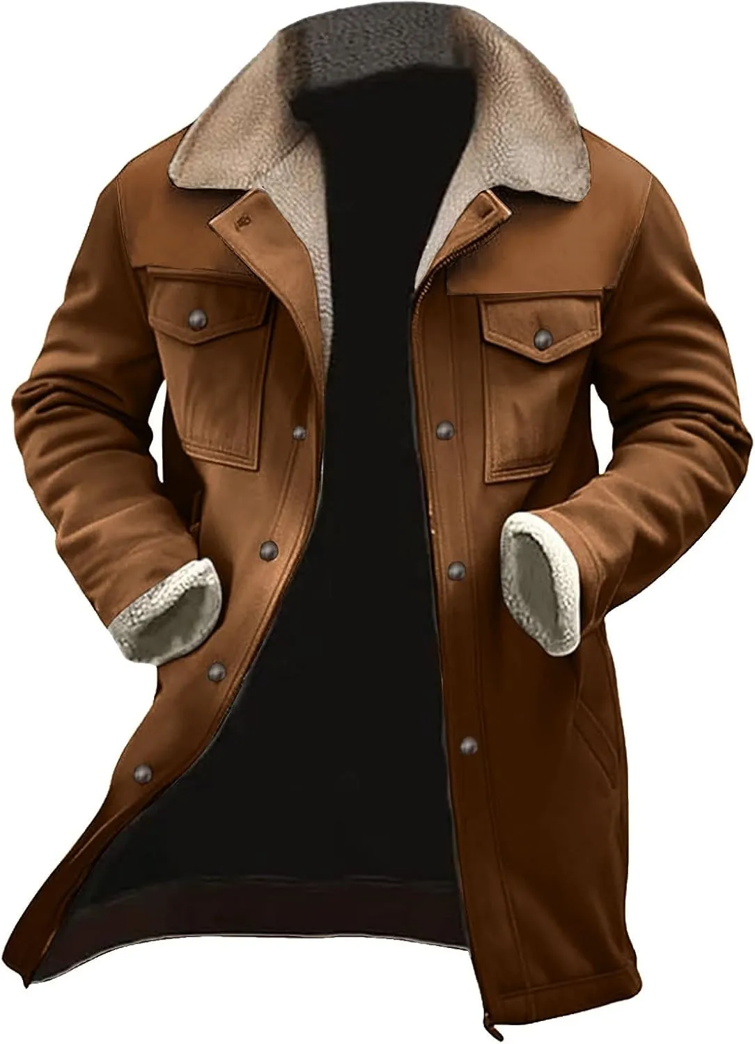 Mens Suede Long Trench Coats Washed Distressed Western Vintage Jackets Big&Tall Fleece Warm Pea Coat Military Windbreaker