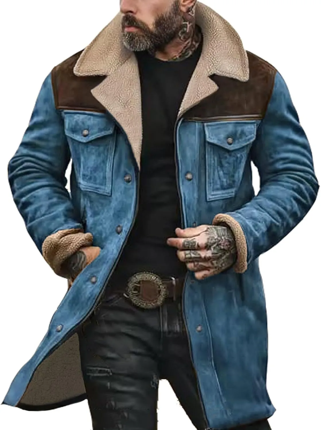 Mens Suede Long Trench Coats Washed Distressed Western Vintage Jackets Big&Tall Fleece Warm Pea Coat Military Windbreaker