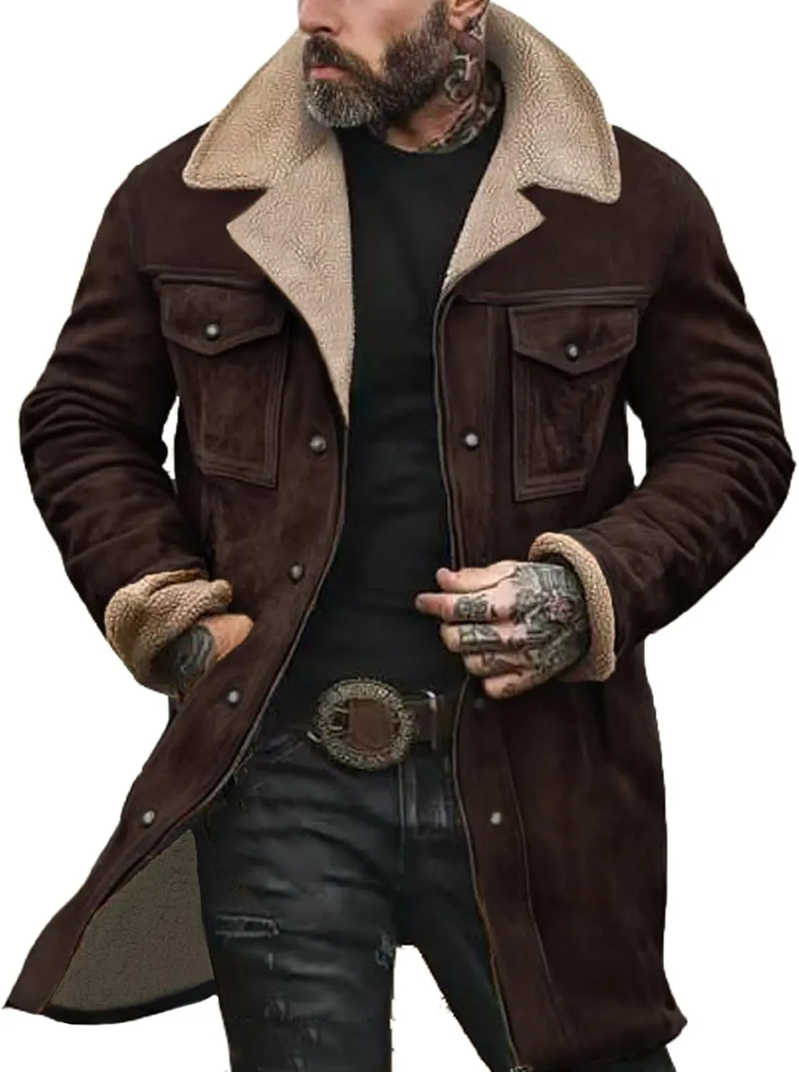 Mens Suede Long Trench Coats Washed Distressed Western Vintage Jackets Big&Tall Fleece Warm Pea Coat Military Windbreaker