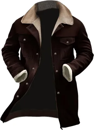 Mens Suede Long Trench Coats Washed Distressed Western Vintage Jackets Big&Tall Fleece Warm Pea Coat Military Windbreaker