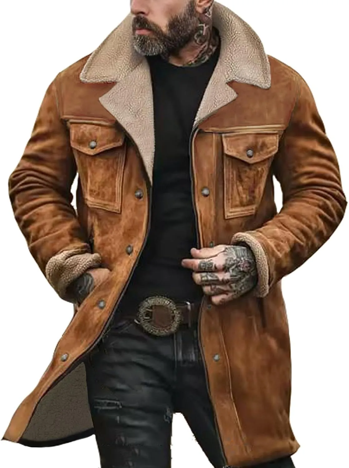Mens Suede Long Trench Coats Washed Distressed Western Vintage Jackets Big&Tall Fleece Warm Pea Coat Military Windbreaker