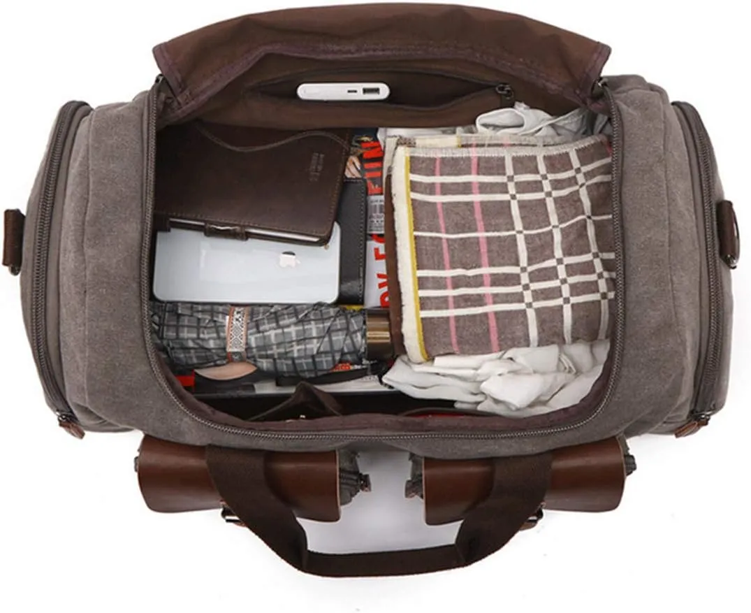 Mens Travel Duffle Bags Leather Canvas Weekend Bag Large Waterproof Overnight Carry on Bag with Shoe Compartment Oversized Tote for Travel Business Sports (Coffee)