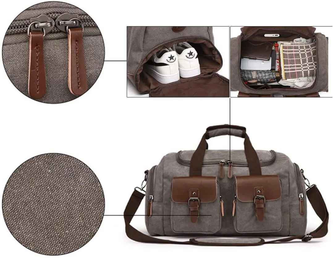 Mens Travel Duffle Bags Leather Canvas Weekend Bag Large Waterproof Overnight Carry on Bag with Shoe Compartment Oversized Tote for Travel Business Sports (Coffee)