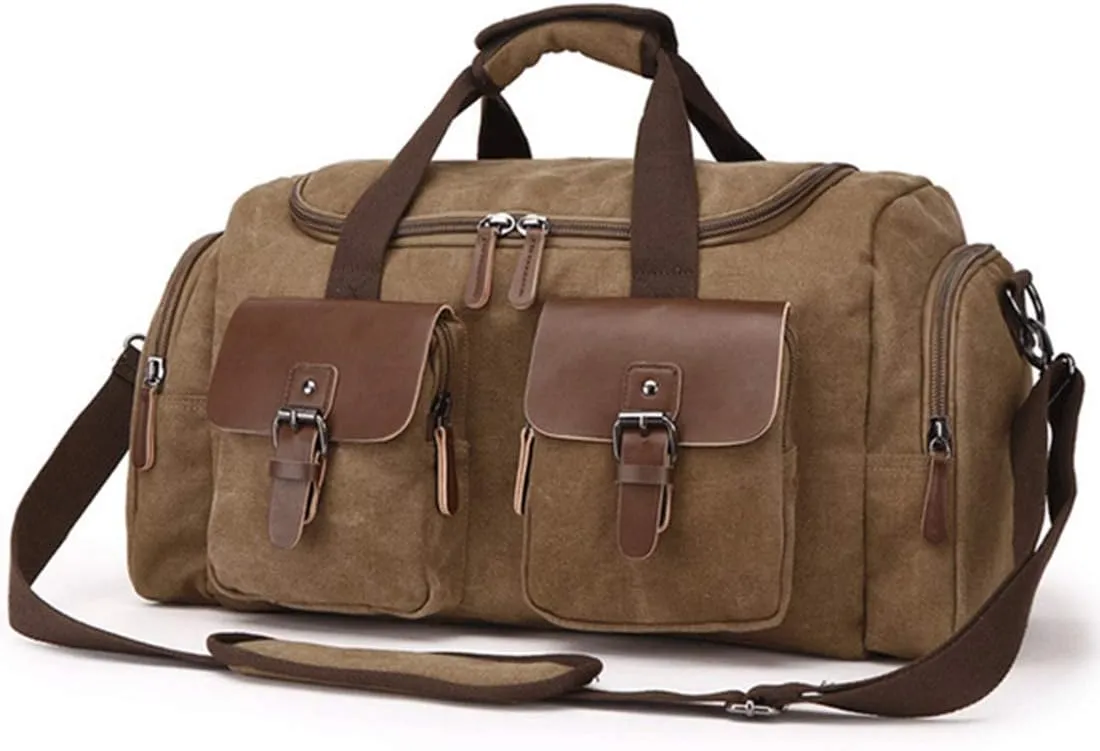 Mens Travel Duffle Bags Leather Canvas Weekend Bag Large Waterproof Overnight Carry on Bag with Shoe Compartment Oversized Tote for Travel Business Sports (Coffee)
