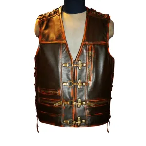 Men’s Vintage Leather Biker Vest – Distressed Cowhide with Buckle Closure