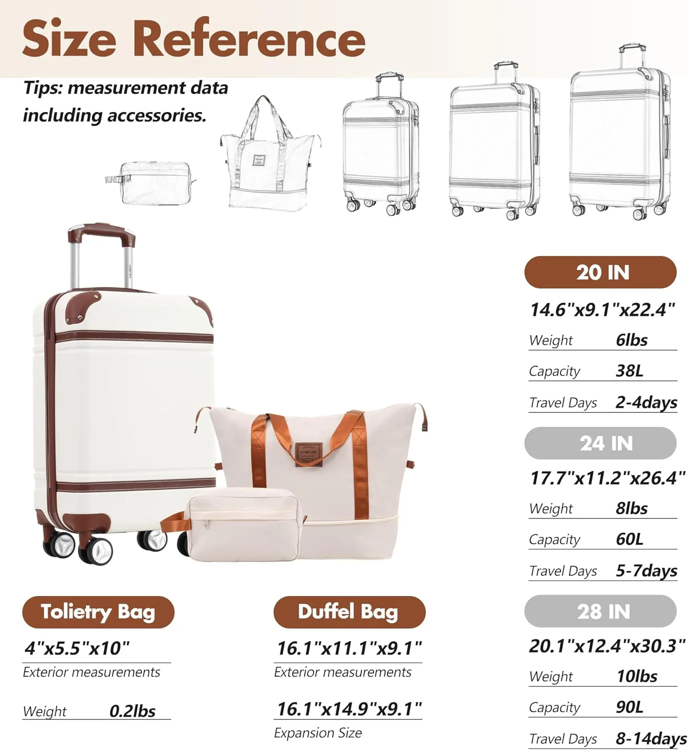 Merax Suitcase Set 20 inches Carry On Travel Luggage TSA Lock Spinner Wheels Hardshell Lightweight Vintage Luggage with Travel Bag,White