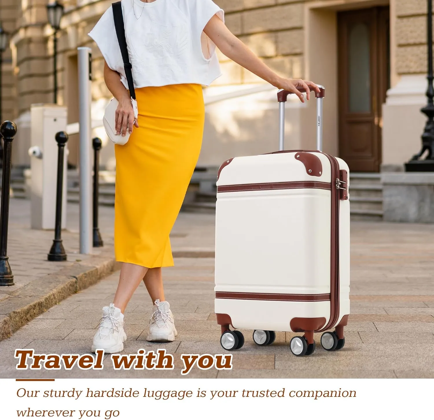 Merax Suitcase Set 20 inches Carry On Travel Luggage TSA Lock Spinner Wheels Hardshell Lightweight Vintage Luggage with Travel Bag,White