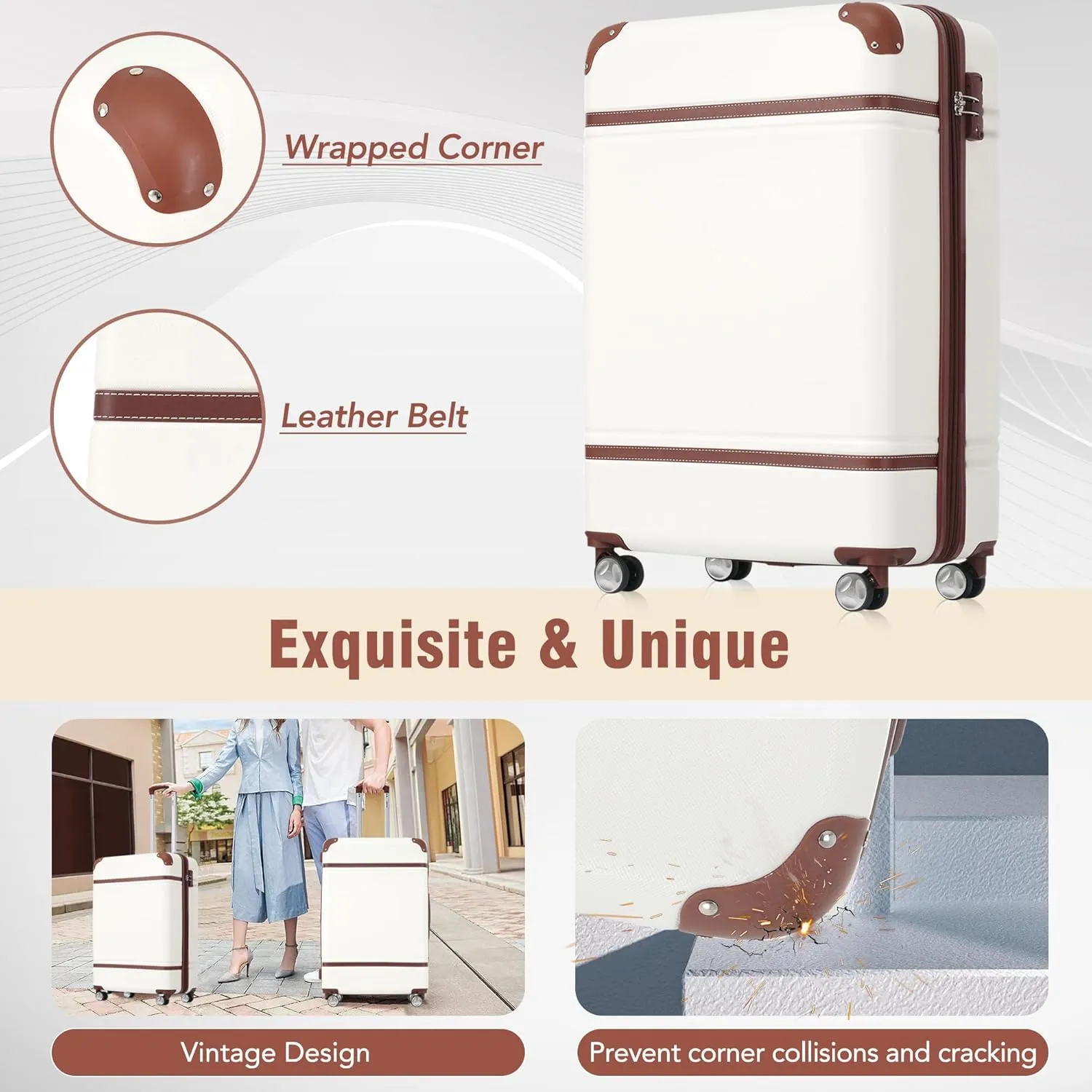 Merax Suitcase Set 20 inches Carry On Travel Luggage TSA Lock Spinner Wheels Hardshell Lightweight Vintage Luggage with Travel Bag,White