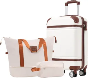Merax Suitcase Set 20 inches Carry On Travel Luggage TSA Lock Spinner Wheels Hardshell Lightweight Vintage Luggage with Travel Bag,White