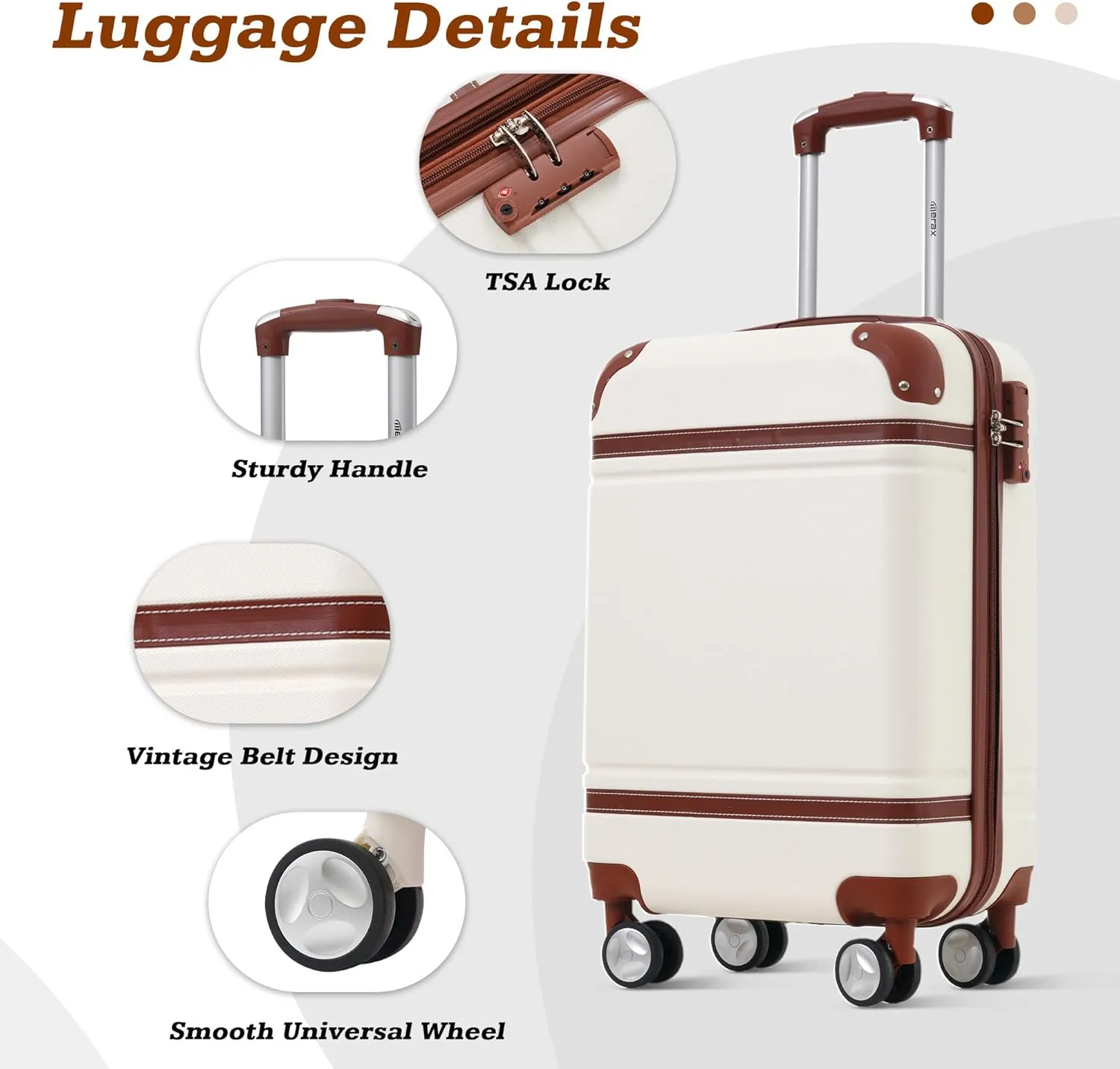 Merax Suitcase Set 20 inches Carry On Travel Luggage TSA Lock Spinner Wheels Hardshell Lightweight Vintage Luggage with Travel Bag,White
