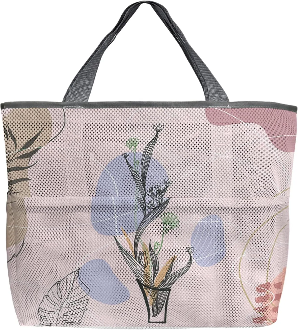 Mesh Beach Bag Oversized Tote Bags for Women Boho Style Morandi Abstract Botanical Travel Pool Bags Tote Bags with 8 Pockets