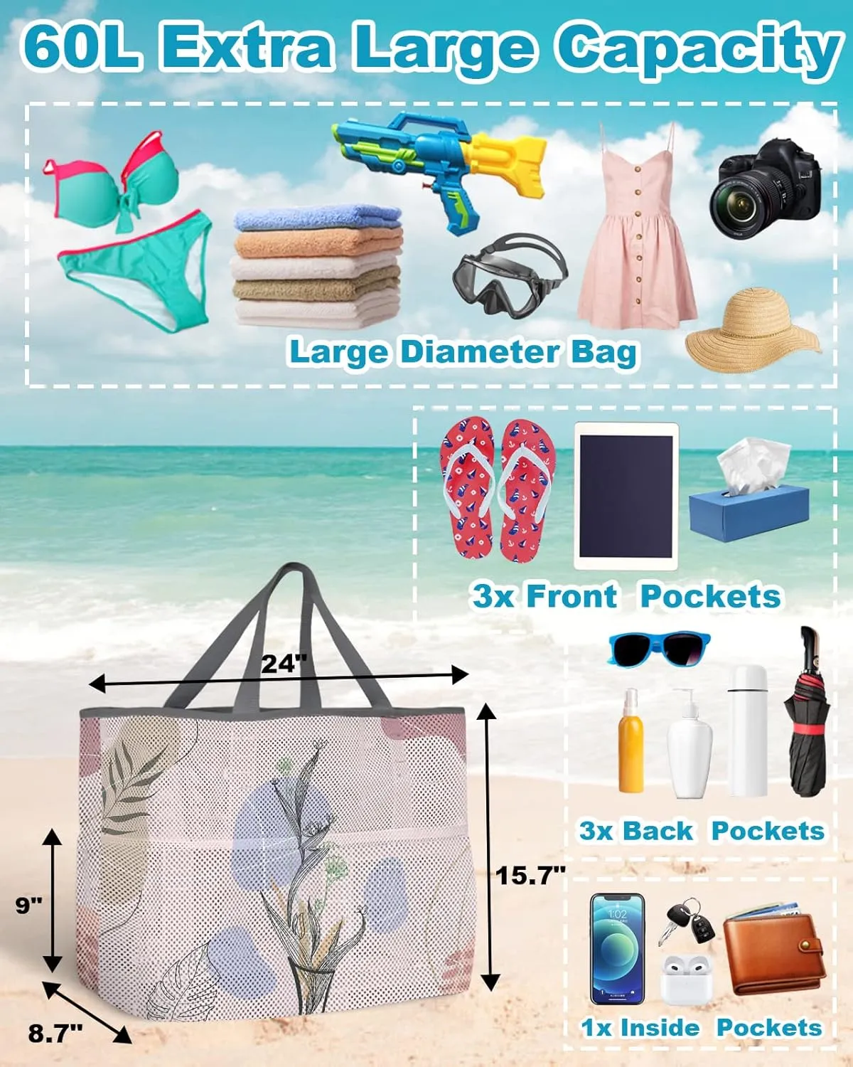 Mesh Beach Bag Oversized Tote Bags for Women Boho Style Morandi Abstract Botanical Travel Pool Bags Tote Bags with 8 Pockets