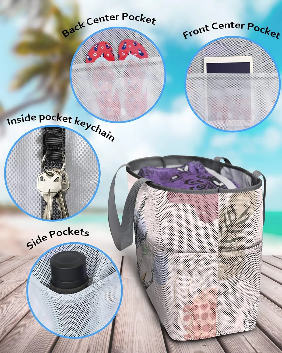 Mesh Beach Bag Oversized Tote Bags for Women Boho Style Morandi Abstract Botanical Travel Pool Bags Tote Bags with 8 Pockets