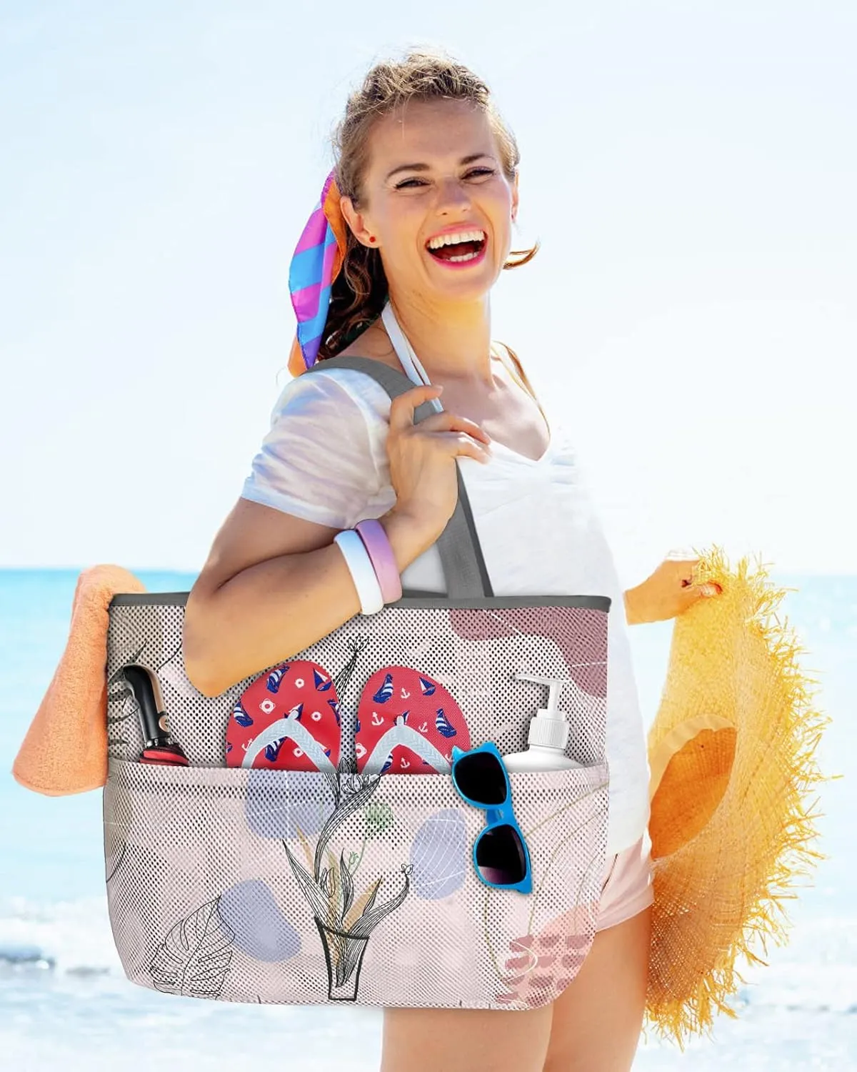 Mesh Beach Bag Oversized Tote Bags for Women Boho Style Morandi Abstract Botanical Travel Pool Bags Tote Bags with 8 Pockets
