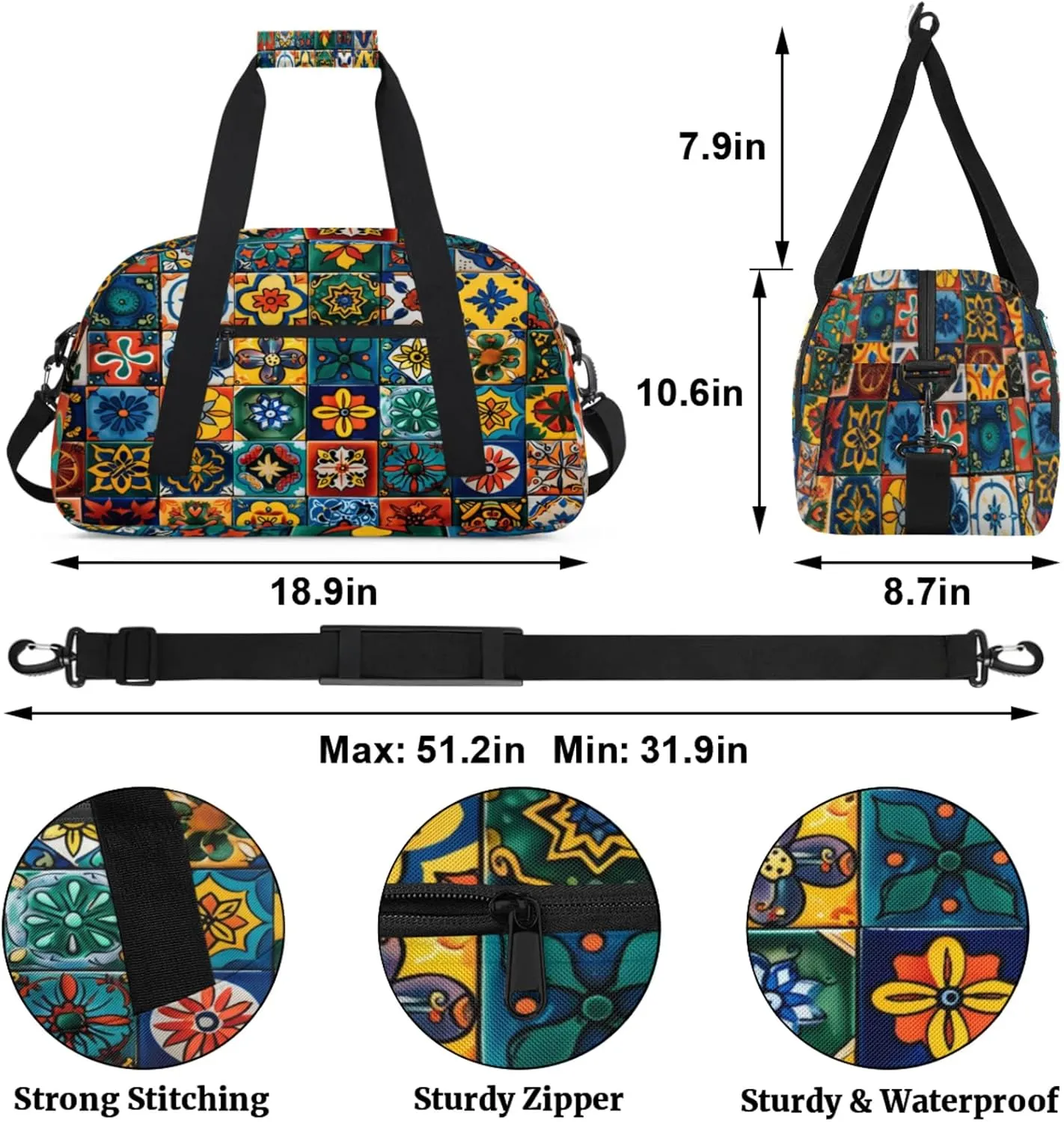 Mexican Talavera Ceramic Tile Gym Bag for Women Men, Sports Travel Duffel Bag Lightweight Workout Bag Carry On Overnight Weekender Bag