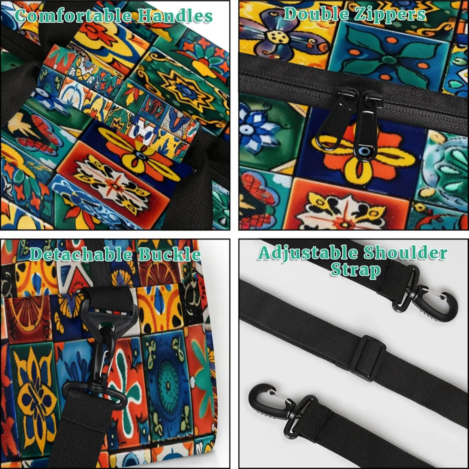 Mexican Talavera Ceramic Tile Gym Bag for Women Men, Sports Travel Duffel Bag Lightweight Workout Bag Carry On Overnight Weekender Bag
