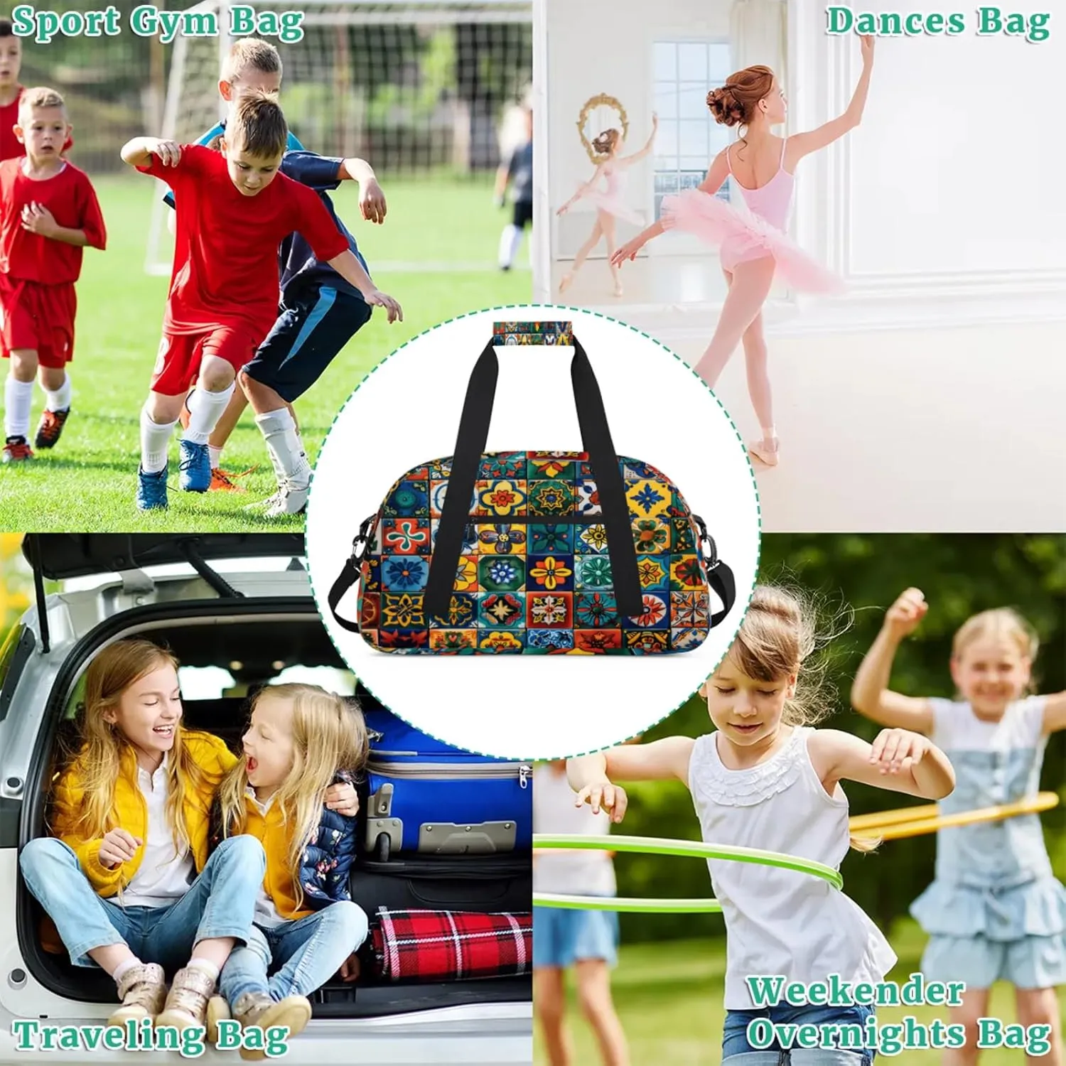 Mexican Talavera Ceramic Tile Gym Bag for Women Men, Sports Travel Duffel Bag Lightweight Workout Bag Carry On Overnight Weekender Bag