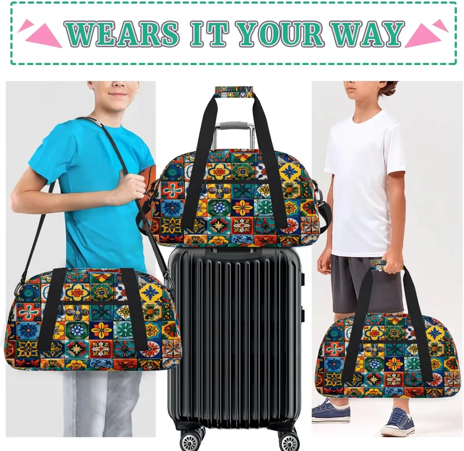 Mexican Talavera Ceramic Tile Gym Bag for Women Men, Sports Travel Duffel Bag Lightweight Workout Bag Carry On Overnight Weekender Bag
