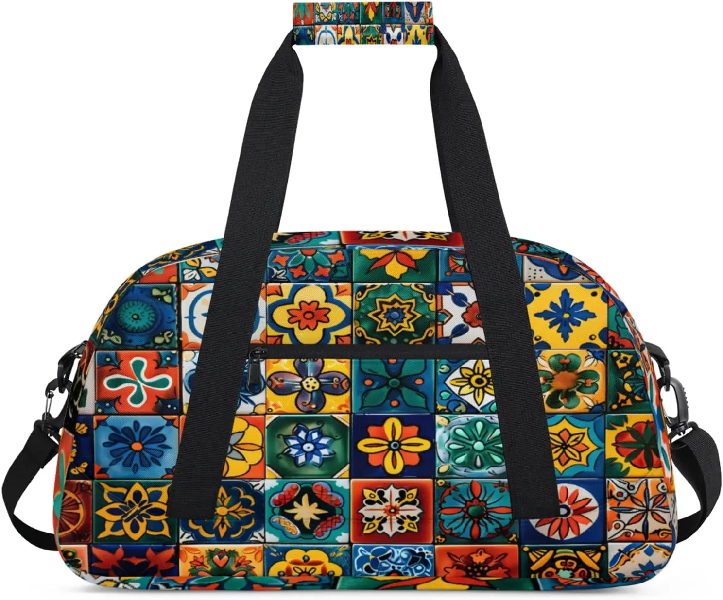 Mexican Talavera Ceramic Tile Gym Bag for Women Men, Sports Travel Duffel Bag Lightweight Workout Bag Carry On Overnight Weekender Bag