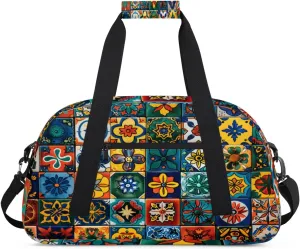 Mexican Talavera Ceramic Tile Gym Bag for Women Men, Sports Travel Duffel Bag Lightweight Workout Bag Carry On Overnight Weekender Bag