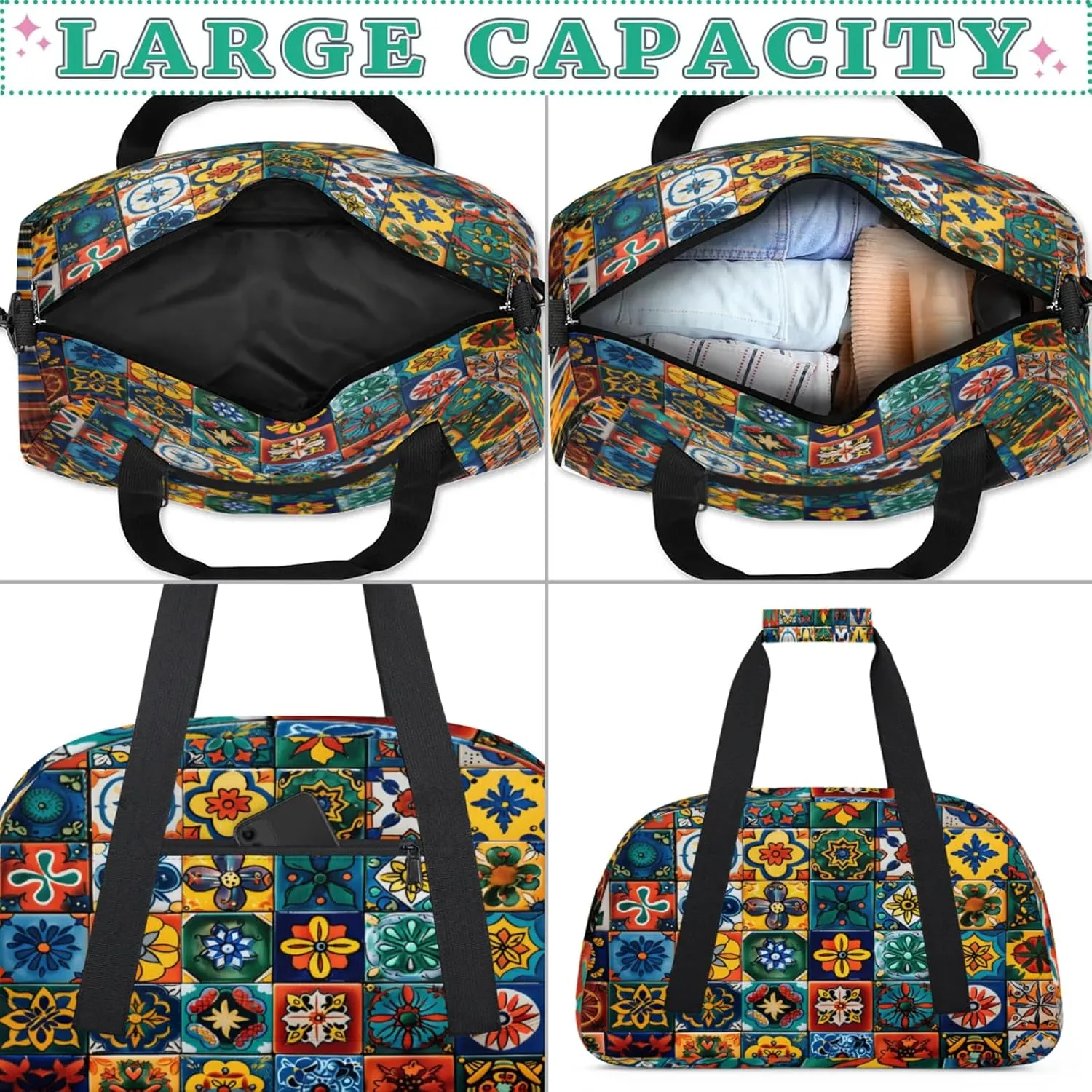 Mexican Talavera Ceramic Tile Gym Bag for Women Men, Sports Travel Duffel Bag Lightweight Workout Bag Carry On Overnight Weekender Bag